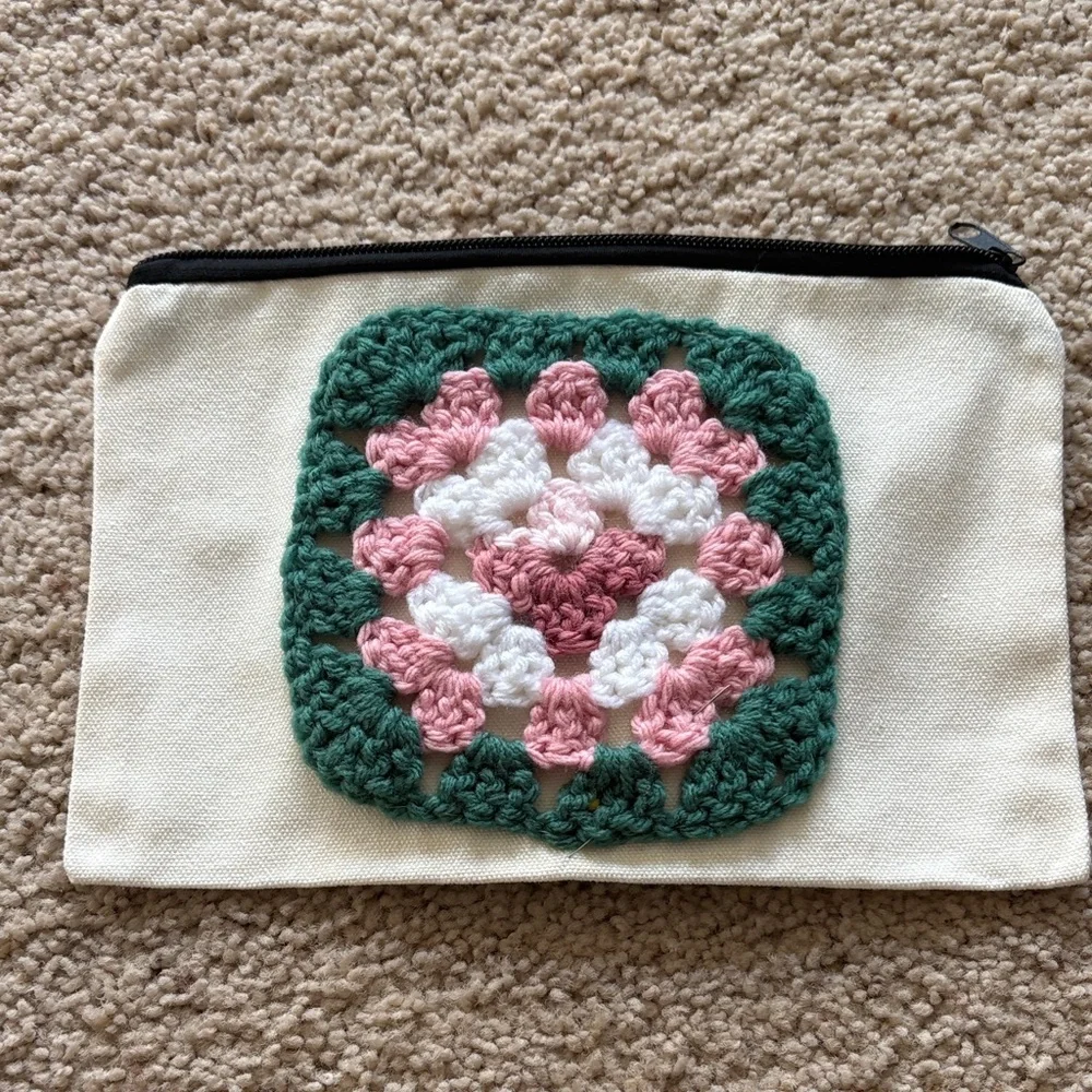 Handcrafted Crochet Cosmetic Bag - Pink, Green, and Cream